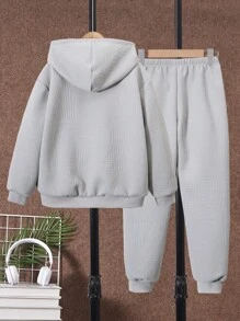 SHEIN 2pcs Tween Boys' Casual Textured Fabric Hoodie & Pants Set - Grey - View 2