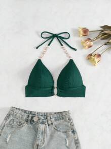 Swim Vcay Women's Solid Color String Bikini Top, Sexy Halter Style For Summer Beach