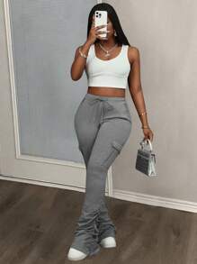 Slaydiva High-Waisted Casual Ruched Grey Color Utility Pocket Flared Pants For Women - Grey - View 3
