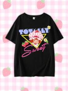 Strawberry Shortcake X SHEIN 加大码字母和卡通人物图案短袖黑色T恤 S 码女款夏季女式T恤女款可爱T恤女款可爱T恤女款狂欢节/音乐会女款/狂欢/乡村音乐会/纳什维尔/伊比沙岛 - 黑色 - 查看 1