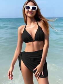 SHEIN 少女三件套黑色泳衣比基尼套装，休闲海滩度假 - 黑色 - 查看 3