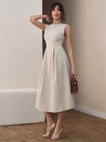 CLARA VERO Urban Chic Boat Neck Pleated Wide Circle Hem Timeless Midi Dress - Champagne - View 3