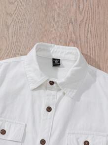 SHEIN 青少年男孩休闲日常正面纽扣贴袋长袖牛仔衬衫 - 白色 - 查看 5