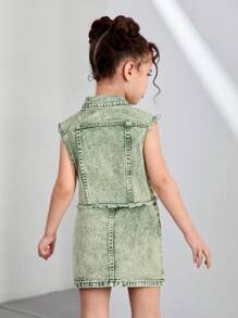 DENIMLY YOUNG GIRL Y2K Urban Street Boho Vintage Heavy Stone Wash Mint Green Raw Hem Crop Denim Jacket & Denim Mini Skirt Matching Two Pieces ,Elastic Waistband And Multi Cargo Pockets Skirt