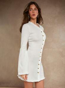COSMINA Jednokolorowa damska sukienka mini z długim rękawem i frędzlami