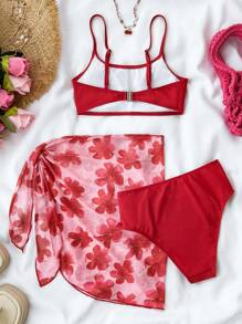 SHEIN Bộ 3 món cho bé gái tuổi teen, gồm áo bikini dệt kim màu trơn và chân váy mini in họa tiết hoa, trang phục đi nghỉ và đi biển - Đỏ - Xem 2