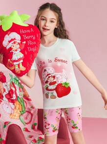 Strawberry Shortcake X SHEIN Tween 女童卡通心形图案白色休闲百搭短袖 T 恤和粉色可爱甜美短裤睡衣套装