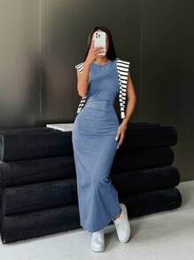 SHEIN ICON 女士无袖长款牛仔紧身连衣裙，蓝色 - 淺色水洗藍 - 查看 5