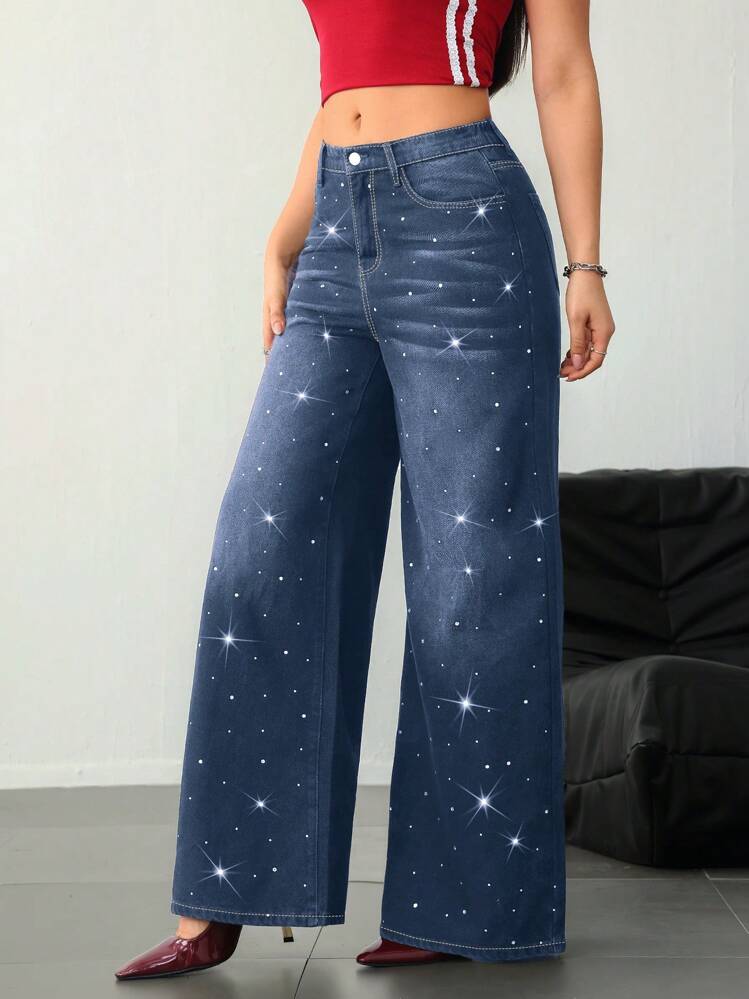 SHEIN Tall 女士牛仔裤 女式高腰牛仔裤 黑色低腰宽松闪亮水钻牛仔裤 闪亮牛仔裤 宽松女式牛仔裤 低腰宽松牛仔裤 女式下装 亮片裤 闪光裤 女式高腰裤 - 深色水洗藍 - 查看 5