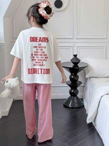 Dazy Kids 青少年女孩休闲圆领字母印花短袖 T 恤 + 格子梭织裤家居服套装，春夏季，返校服装 - 白色 - 查看 5