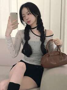 DAZY 撞色不对称领口露肩不对称设计紧身波尔卡圆点女式T恤，秋季衣服长袖女式上衣 - 杏色 - 查看 2