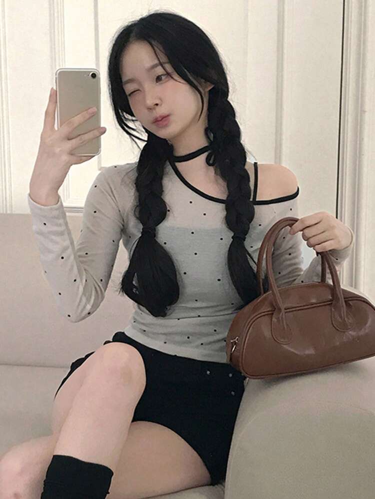 Contrast Color Asymmetric Neck Exposed Shoulder Asymmetrical Design Tight-Fitting Polka Dot Women T-Shirt,Fall Clothes Long Sleeve Women Tops