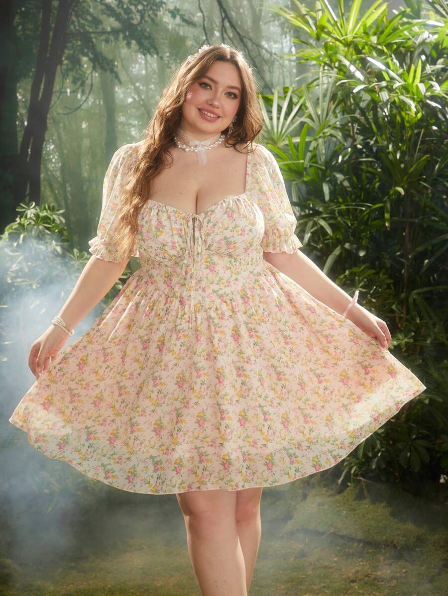 Lyrianda Plus Size Nowa Elegancka Ditsy Floral Puff Sleeve Wiosenna Sukienka, Słodki Styl Księżniczki Wakacje Francuski Design Spontaniczna Dopamina Ściśnięta Talia Rozkloszowana Midi Sukienka Na Lato - Wielokolorowe - Zobacz 1