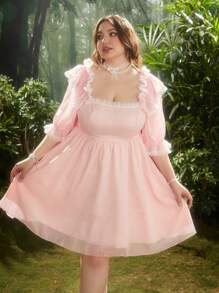 Lyrianda Elegant Vacation Sweet French Princess Style Pink Puff Sleeve Off-Shoulder Fit & Flare Mini Dress, Summer