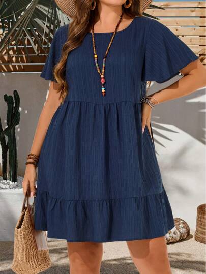 EMERY ROSE Vestido casual de manga corta de unicolor para vacaciones de talla grande, atuendos de verano para mujer, vestido de Pascua para mujer, bohemio, atuendos para rave, atuendo de Pascua para curvas, atuendo para concierto country