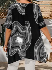 EMERY ROSE 加大码圆领漩涡印花不对称下摆休闲衬衫，度假女士夏季女士办公室装，度假女士夏季女士节日波西米亚风，节日 - 黑色 - 查看 2