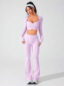 SHEIN Sovereign Charm Women Minimalist Solid Color Cropped Top And Flared Pants Sports Suit - Pink - View 4
