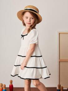 PrepCrw Vestido branco estilo universitário com acabamento em cor contrastante e corte A para meninas, primavera/verão - Branco - Ver 5
