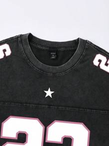 ROMWE MEN Prep Men's Jersey Loose Drop Shoulder Short Printed Washed T-Shirt, Sports Tee - Black - View 3