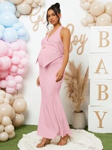 Loomaby 2pcs Maternity Gender Reveal Dress Set For Baby Shower Party - Pink - View 4