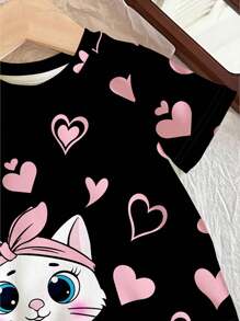 SHEIN Leap Crew 可愛女孩，青少年休閒簡約貓與心印花卡通短袖T恤和長褲2件套家居服，適用於春夏緊身/修身款式 - 黑色 - 查看 4