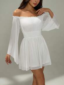 SHEIN PETITE 女士度假纯色露肩喇叭袖收腰迷你连衣裙 - 白色 - 查看 6