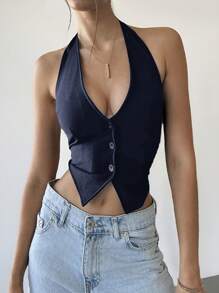 SHEIN PETITE Áo thun nữ hở lưng không tay màu trơn mùa hè - Màu xanh hải quân - Xem 8