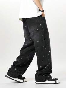 ROMWE MEN Street Life Men's Fashion Rhinestone Embellished Relaxed Fit Straight Leg Jeans - Black - View 4