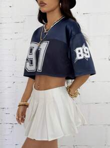 StreetHx 女式休闲宽松数字印花 V 领短袖 T 恤上衣，春夏 - 藏蓝色 - 查看 6