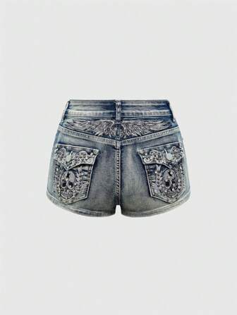 ROMWE Avant Plus Size Women Y2K Vintage Wing Skull Embroidered Super Short Denim Shorts