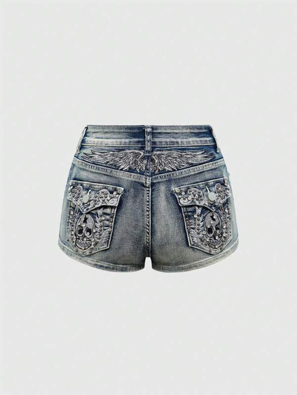 ROMWE Avant Plus Size Women Y2K Vintage Wing Skull Embroidered Super Short Denim Shorts