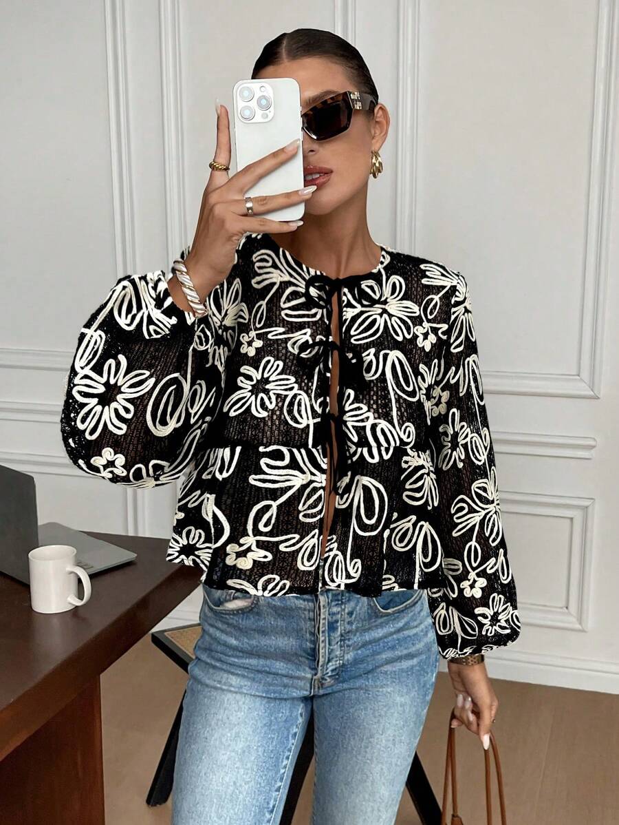 Serisse 女士休闲长袖衬衫，带结饰、荷叶边下摆和刺绣