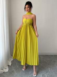 Rafferiza 无肩带褶皱连衣裙，优雅性感礼服配缎带领带，全新夏季风格 - 綠色 - 查看 6