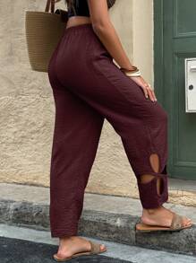 LanaWest Women's Bohemian Linen Vacation Style Loose Pants - Burgundy - View 3