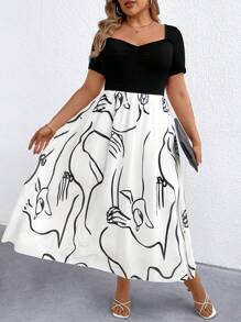 SHEIN Clasi Women's V-Neck Ruffle Sleeve Patchwork Hem Geometric Chiffon Print Dress - Black - View 3