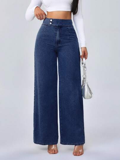 SHEIN Tall Women's Jeans High Waist Casual Loose Wide Leg Trousers Blue Style Straight Pants Tall Women's Jeans