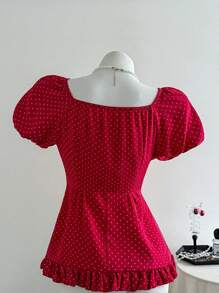 Elamini Áo cánh nữ cổ vuông tay bồng ngắn in họa tiết chấm bi viền bèo nhún - Đỏ - Xem 2