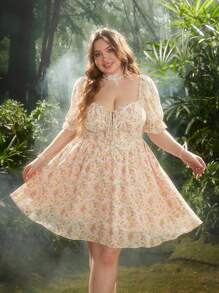 Lyrianda Plus Size Nowa Elegancka Ditsy Floral Puff Sleeve Wiosenna Sukienka, Słodki Styl Księżniczki Wakacje Francuski Design Spontaniczna Dopamina Ściśnięta Talia Rozkloszowana Midi Sukienka Na Lato - Wielokolorowe - Zobacz 5