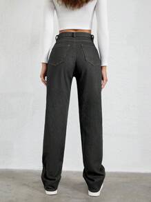 SHEIN Cottnline 100%纯棉斜口袋直筒牛仔裤 - 淺灰色 - 查看 2