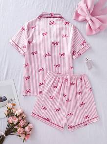 SHEIN 少女粉色蝴蝶印花上衣，带领带和系带，长袖和长裤 2 件套睡衣套装，优雅风格