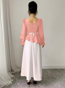 SHEIN Unity Vestido decorado con flores elegante y con bloques de color estilo INS - Rosa - Ver 2