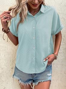EMERY ROSE 波点印花度假休闲风 - 现代休闲衬衫 - 薄荷藍 - 查看 4
