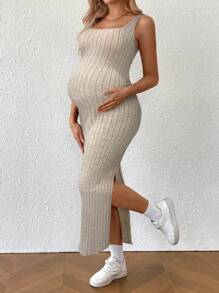SHEIN Maternity Summer Minimalist Ribbed Twist Back Slit Midi Dress - Apricot - View 5