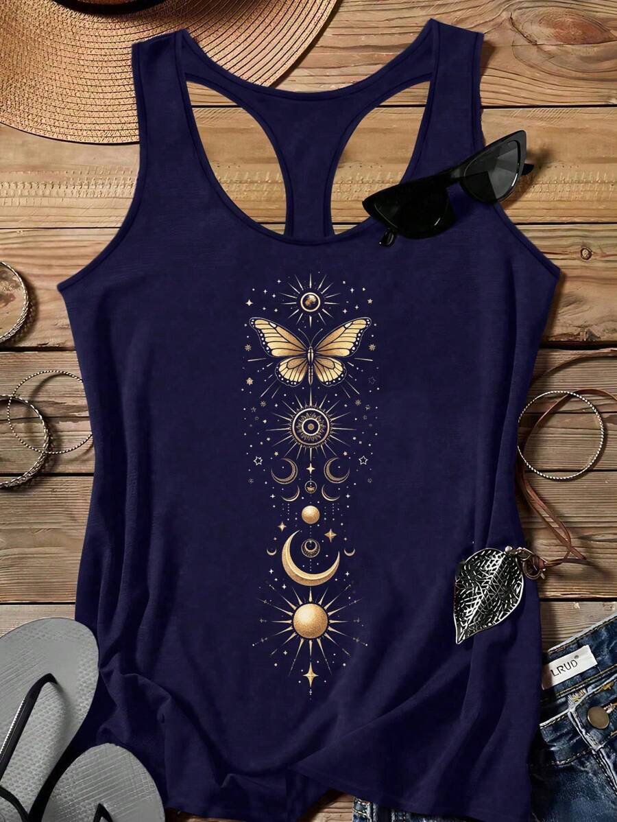 EMERY ROSE Top de camisola informal minimalista con estampado de luna y mariposa dorada, adecuado para talla grande, apto para el verano - Azul Marino - Ver 1