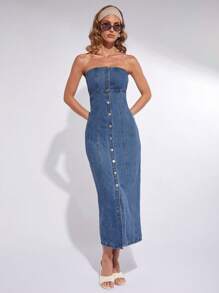 COSMINA 女士优雅牛仔抹胸连衣裙，春夏 - 藍色 - 查看 1