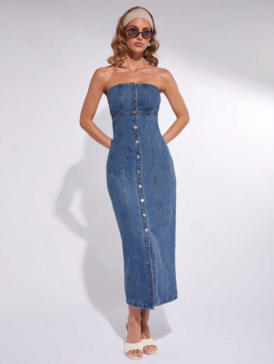 COSMINA 女士优雅牛仔抹胸连衣裙，春夏 - 藍色 - 查看 1