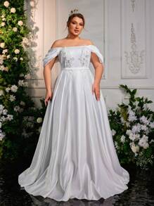Glamrae Plus Size Elegant Romantic White Off The Shoulder Open Shoulder Applique Decor A-Line Heavy Embroider Wedding Dress, Bride - White - View 6