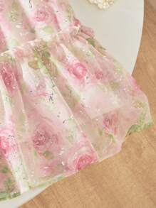 Tween Girls' Elegant Rose Print Chiffon Dress, Summer - Multicolor - View 4
