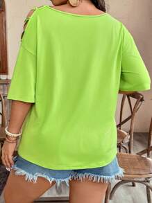 EMERY ROSE Camiseta de manga corta con cuello asimétrico y estampado de retrato, estilo casual para tallas grandes, para verano - Verde - Ver 2