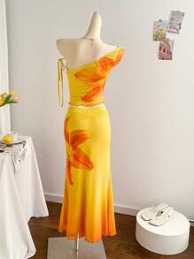 Soleia Set de 2 piezas con top corto de malla de punto con estampado de flores tie-dye y falda larga de estilo cola de sirena, conjunto de atuendo para vacaciones